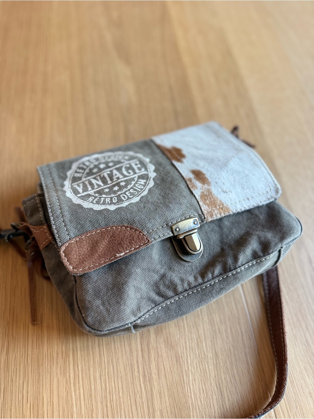 Myra Bag Gray Canvas Crossbody with Brown Accent and White Patch